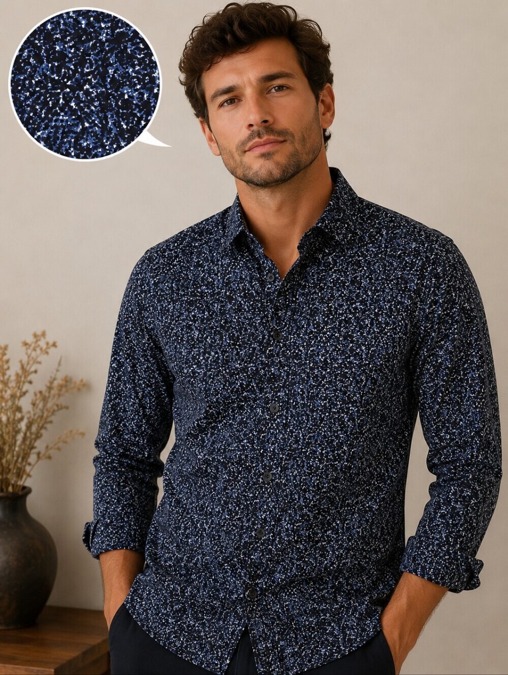 Guess Men's Blue Abstract Print Slim Fit Button-Up Shirt Size Medium